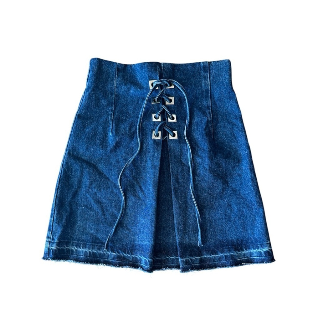 Sandro Paris Size 1 Small Denim Skirt With Metallic Details Blue Back Zip
